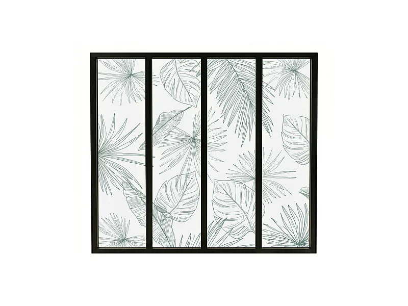 Verrière atelier intérieure aluminium noir 4 vitrages 135 x 117 cm - Décor végétal - Lamnar Vert - vert et transparent - Verre trempé