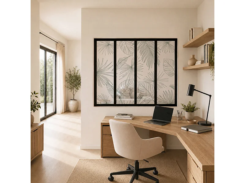 Verrière atelier intérieure aluminium noir 4 vitrages 135 x 117 cm - Décor végétal - Lamnar Vert - vert et transparent - Verre trempé