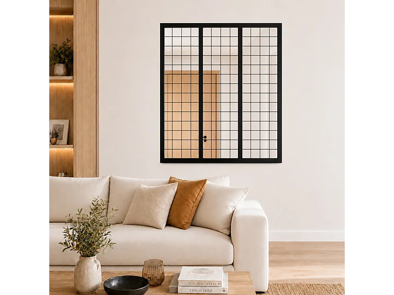 Verrière atelier intérieure aluminium noir 3 vitrages 102 x 117 cm - Décor géométrique - Damier - noir et transparent - Verre trempé