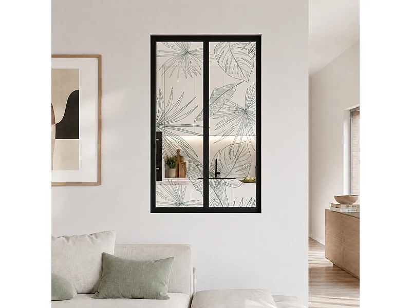 Verrière atelier intérieure aluminium noir 2 vitrages 69 x 117 cm - Décor végétal - Lamnar Vert - vert et transparent - Verre trempé