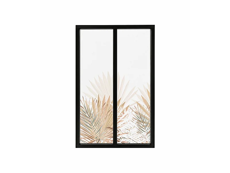 Verrière atelier intérieure aluminium noir 2 vitrages 69 x 117 cm - Décor végétal - Gaïa - beige et transparent - Verre trempé