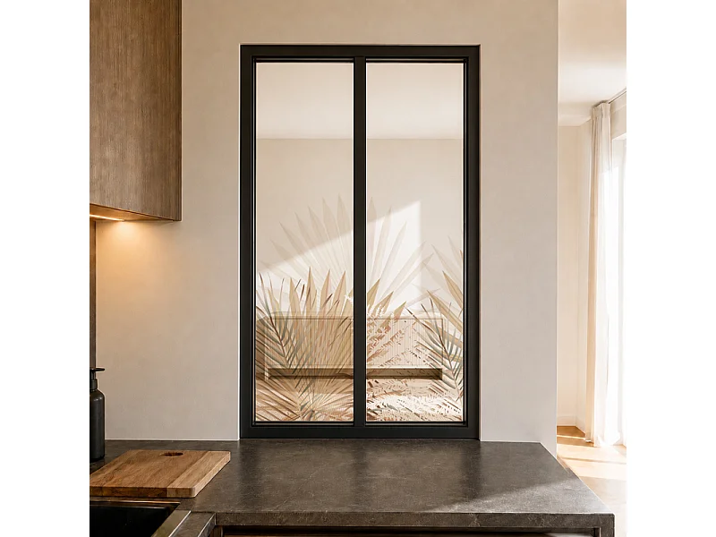 Verrière atelier intérieure aluminium noir 2 vitrages 69 x 117 cm - Décor végétal - Gaïa - beige et transparent - Verre trempé