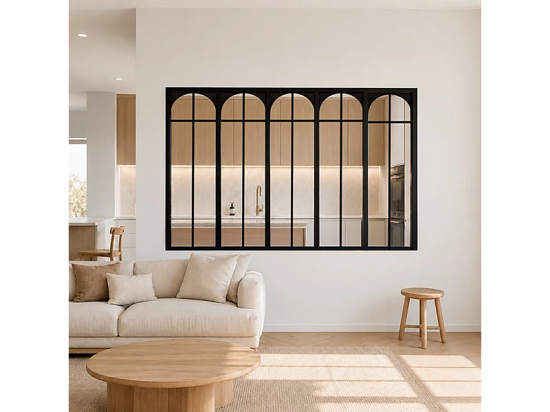 Verrière atelier intérieure aluminium noir 5 vitrages 168 x 117 cm - Décor art déco - Empire - noir et transparent - Verre trempé