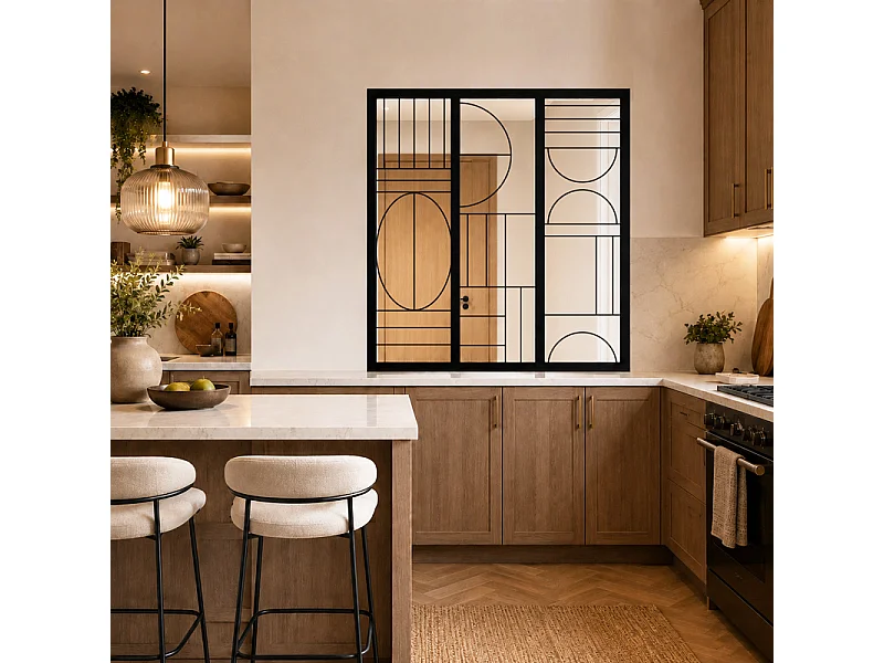 Verrière atelier intérieure aluminium noir 3 vitrages 102 x 117 cm - Décor art déco - Ovaline - noir et transparent - Verre trempé