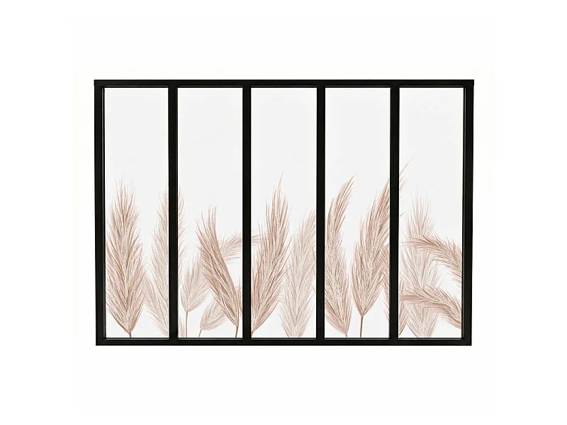 Verrière atelier intérieure aluminium noir 5 vitrages 168 x 117 cm - Décor végétal - Pampa - ocre et transparent - Verre trempé