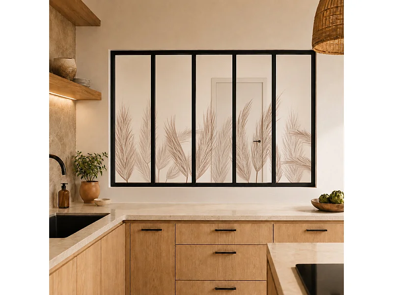 Verrière atelier intérieure aluminium noir 5 vitrages 168 x 117 cm - Décor végétal - Pampa - ocre et transparent - Verre trempé