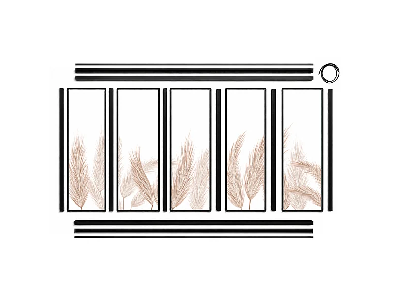 Verrière atelier intérieure aluminium noir 5 vitrages 168 x 117 cm - Décor végétal - Pampa - ocre et transparent - Verre trempé
