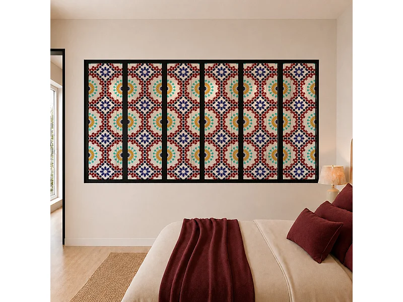 Verrière atelier intérieure aluminium noir 6 vitrages 201 x 117 cm - Décor oriental - Taljane - bleu et multicolore et transparent - Verre trempé