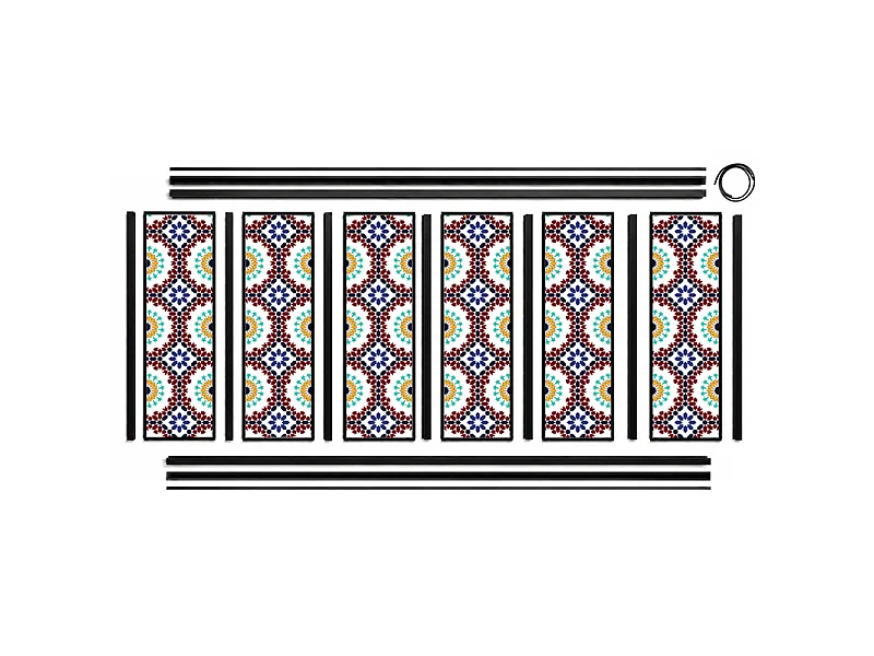 Verrière atelier intérieure aluminium noir 6 vitrages 201 x 117 cm - Décor oriental - Taljane - bleu et multicolore et transparent - Verre trempé