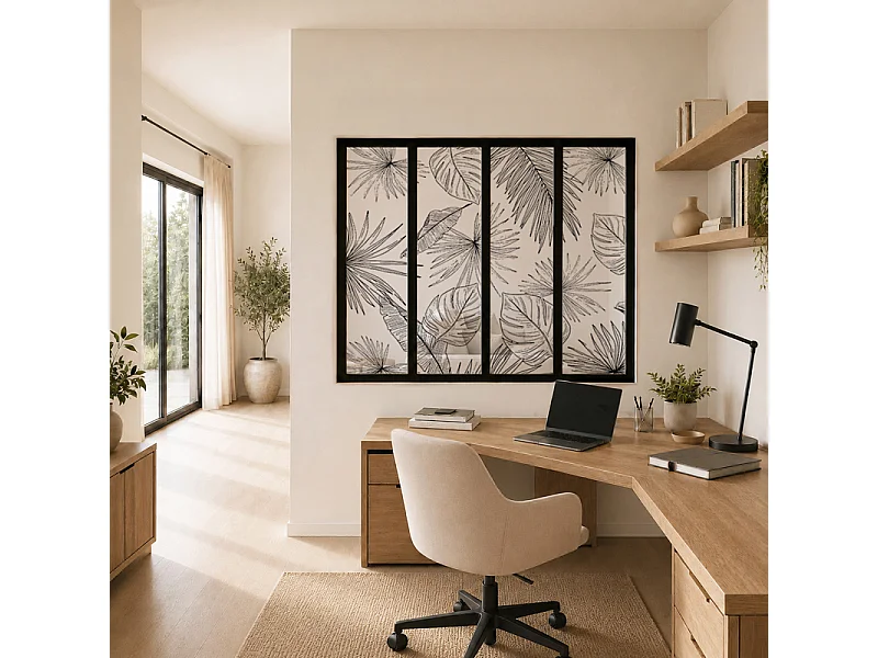 Verrière atelier intérieure aluminium noir 4 vitrages 135 x 117 cm - Décor végétal - Lamnar Noir - noir et transparent - Verre trempé