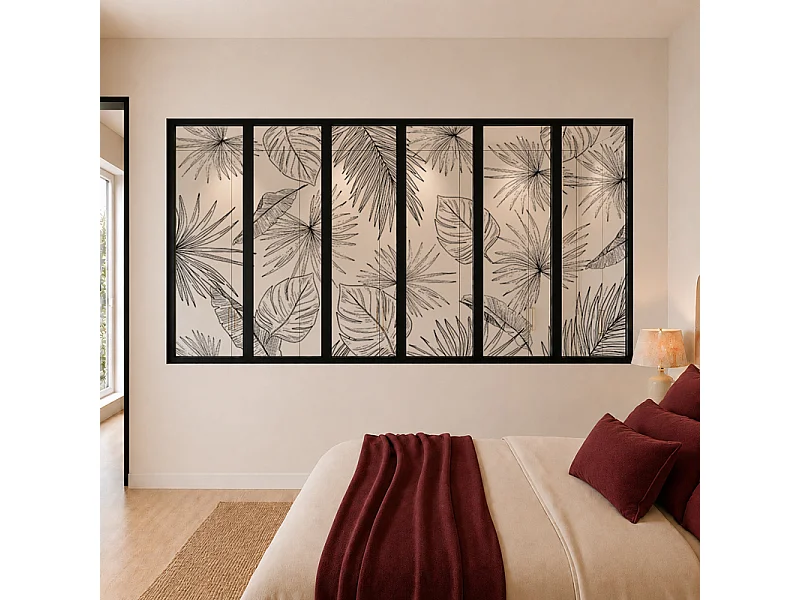 Verrière atelier intérieure aluminium noir 6 vitrages 201 x 117 cm - Décor végétal - Lamnar Noir - noir et transparent - Verre trempé