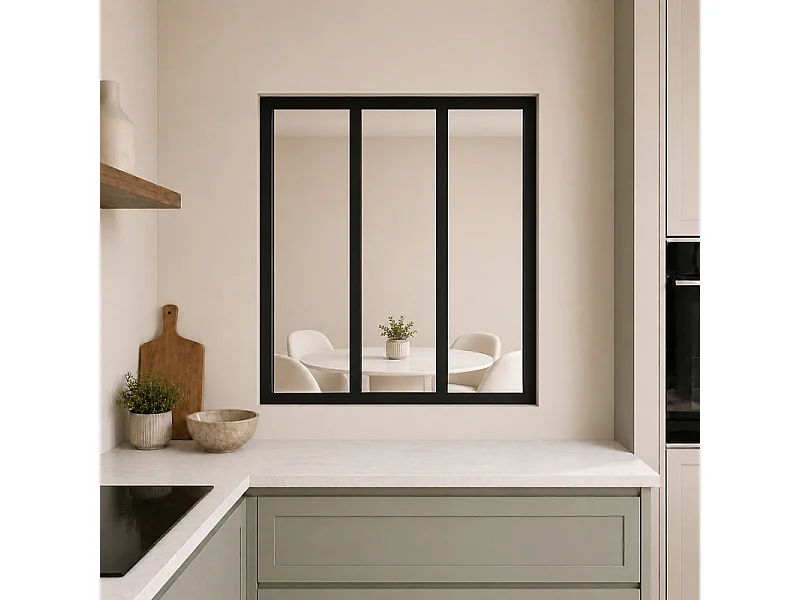 Verrière atelier intérieure aluminium noir 3 vitrages 102 x 117 cm - Décor essentiel - Essentiel - transparent - Verre trempé