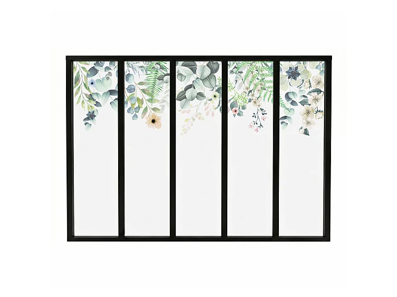 Verrière atelier intérieure aluminium noir 5 vitrages 168 x 117 cm - Décor végétal - Flowers in Rain - vert et transparent - Verre trempé