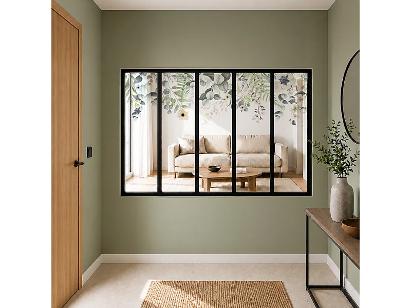 Verrière atelier intérieure aluminium noir 5 vitrages 168 x 117 cm - Décor végétal - Flowers in Rain - vert et transparent - Verre trempé