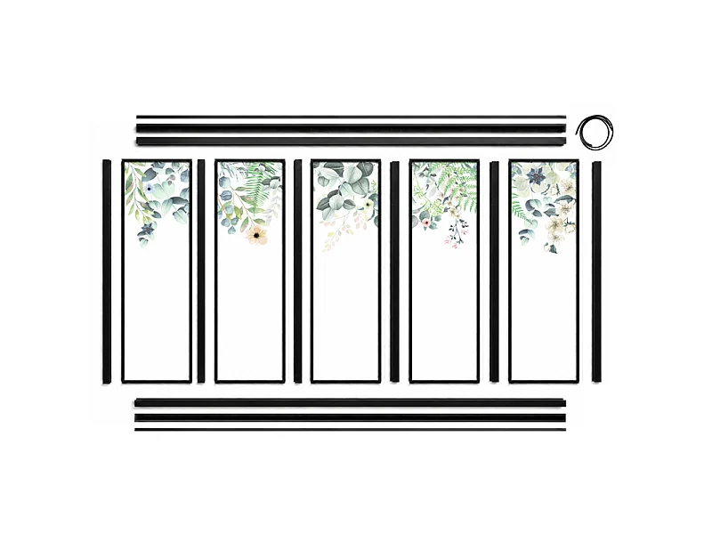 Verrière atelier intérieure aluminium noir 5 vitrages 168 x 117 cm - Décor végétal - Flowers in Rain - vert et transparent - Verre trempé