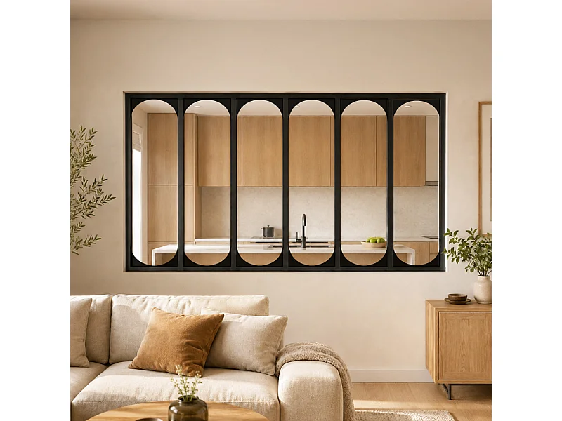 Verrière atelier intérieure aluminium noir 6 vitrages 201 x 117 cm - Décor art déco - Totem - noir et transparent - Verre trempé