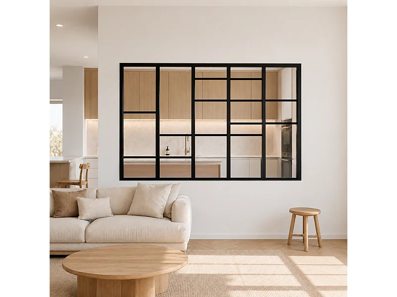 Verrière atelier intérieure aluminium noir 5 vitrages 168 x 117 cm - Décor géométrique - Horizon - noir et transparent - Verre trempé