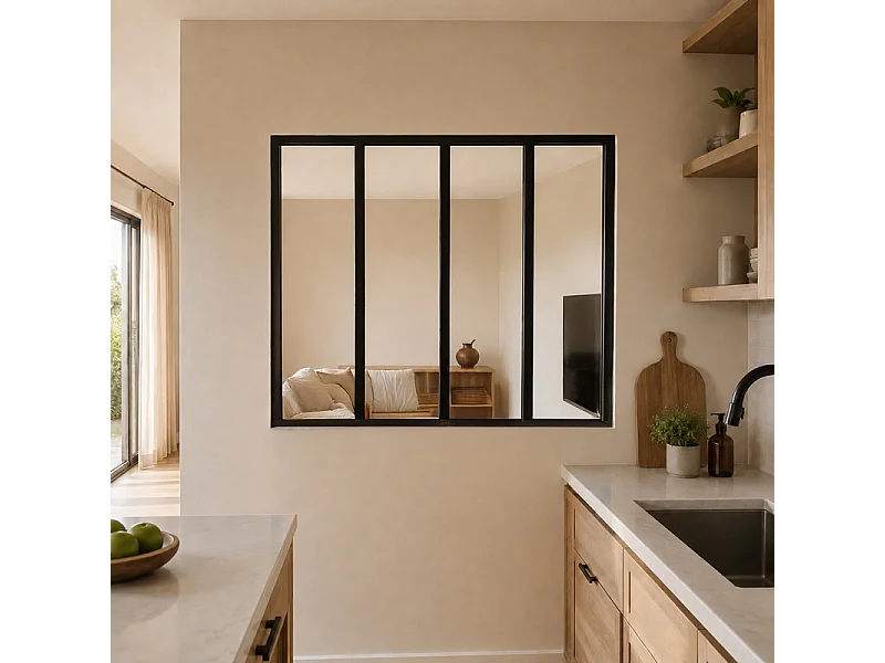 Verrière atelier intérieure aluminium noir 4 vitrages 135 x 117 cm - Décor essentiel - Essentiel - transparent - Verre trempé