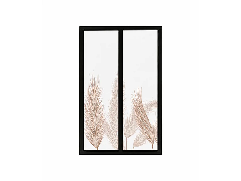 Verrière atelier intérieure aluminium noir 2 vitrages 69 x 117 cm - Décor végétal - Pampa - ocre et transparent - Verre trempé