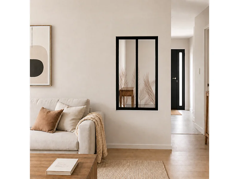 Verrière atelier intérieure aluminium noir 2 vitrages 69 x 117 cm - Décor végétal - Pampa - ocre et transparent - Verre trempé