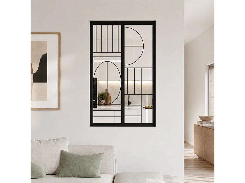 Verrière atelier intérieure aluminium noir 2 vitrages 69 x 117 cm - Décor art déco - Ovaline - noir et transparent - Verre trempé