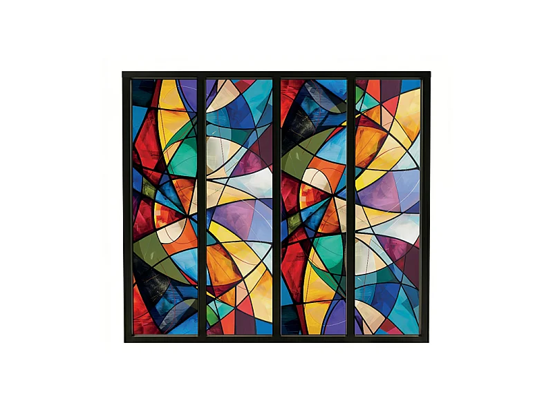 Verrière atelier intérieure aluminium noir 4 vitrages 135 x 117 cm - Décor géométrique - Virtuoso - multicolore et transparent - Verre trempé