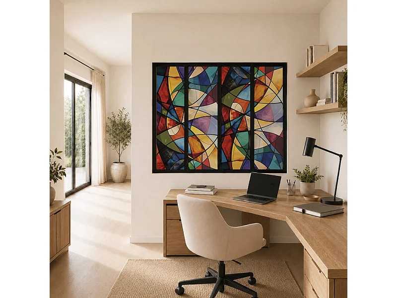 Verrière atelier intérieure aluminium noir 4 vitrages 135 x 117 cm - Décor géométrique - Virtuoso - multicolore et transparent - Verre trempé