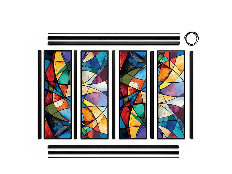 Verrière atelier intérieure aluminium noir 4 vitrages 135 x 117 cm - Décor géométrique - Virtuoso - multicolore et transparent - Verre trempé