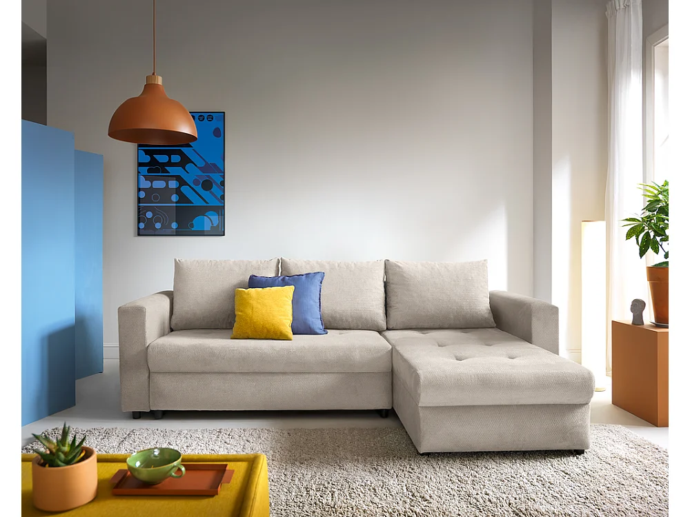 Canapé d'angle 3 places avec coffre en tissu beige 240x70x150 cm