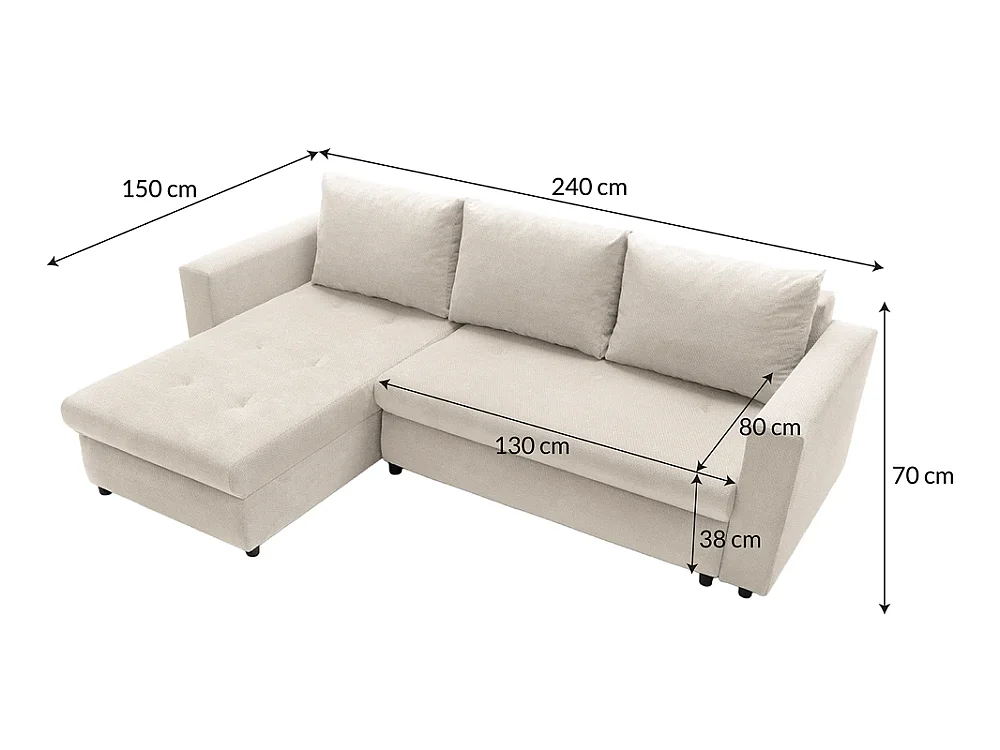 Canapé d'angle 3 places avec coffre en tissu beige 240x70x150 cm