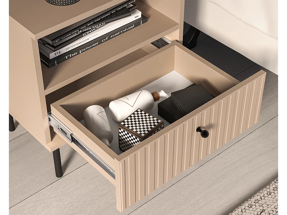 Table de chevet cannelée Grase 50x53x34cm - 1 tiroir étagère - pour chambre - beige