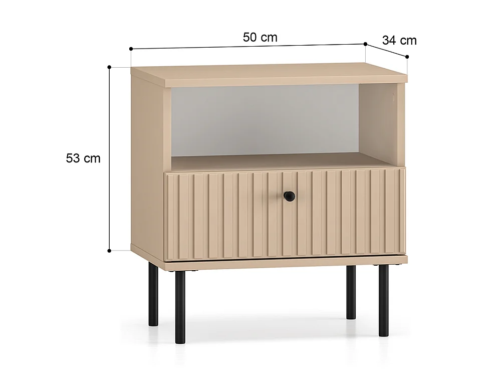 Table de chevet cannelée Grase 50x53x34cm - 1 tiroir étagère - pour chambre - beige