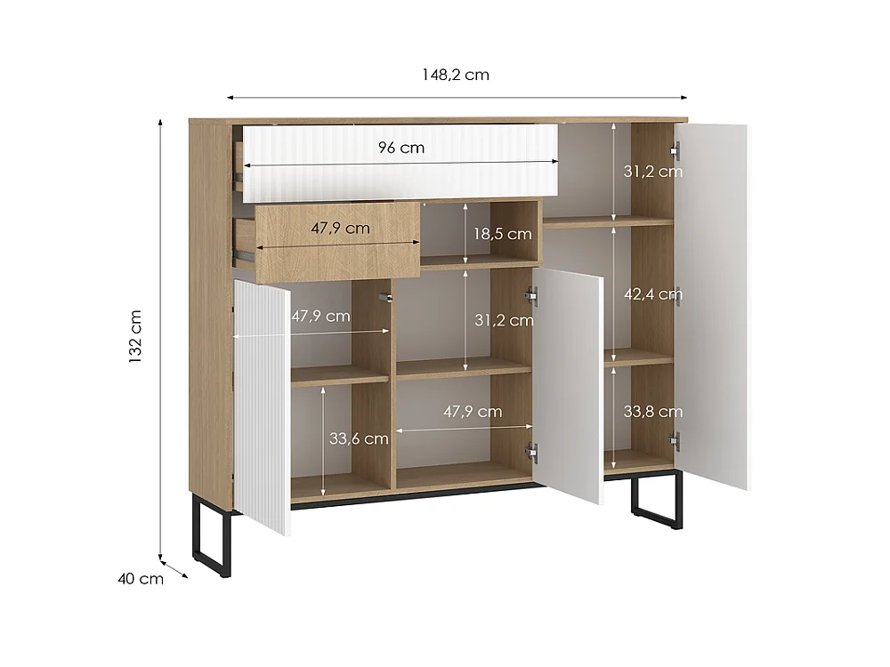 Dressoir Hati 148x132x40cm - 3 deuren 2 lades - woonkamer - visgraat scandi/wit