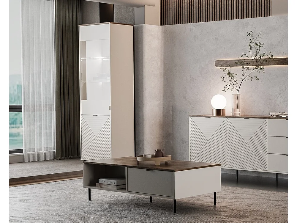 Vitrine Evo 63x195x40cm - 2 portes vitrées - salle à manger - cachemire chêne/castello