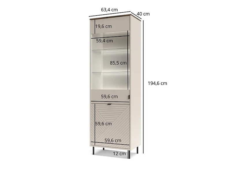 Vitrine Evo 63x195x40cm - 2 portes vitrées - salle à manger - cachemire chêne/castello
