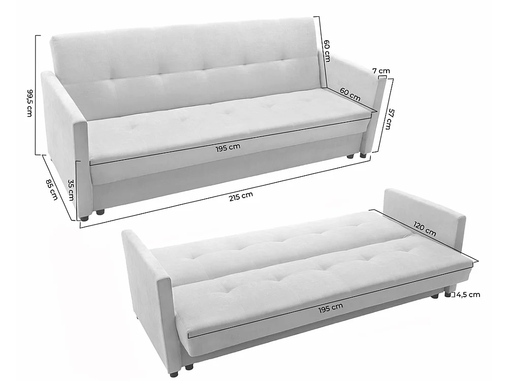 Canapé convertible 3 places avec coffre en tissu gris SOLE