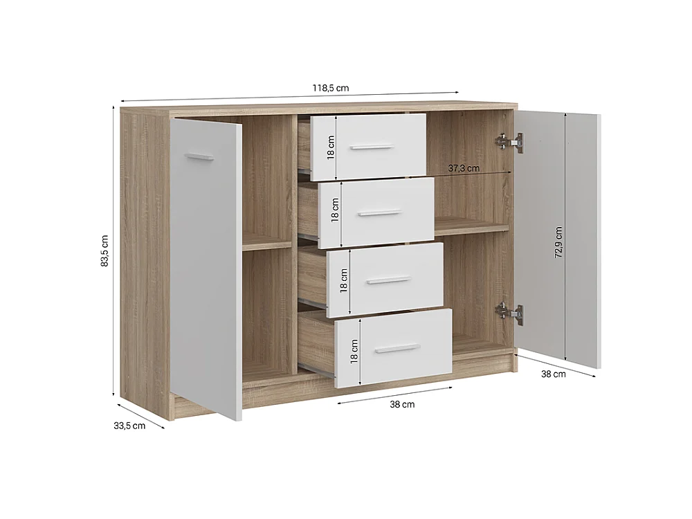 Commode Nubo 119x84x34cm - 2 portes 4 tiroirs - pour salon et chambre - chêne sonoma/blanc