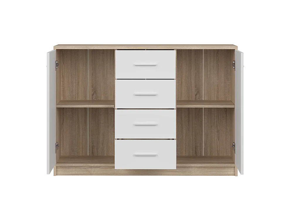 Commode Nubo 119x84x34cm - 2 portes 4 tiroirs - pour salon et chambre - chêne sonoma/blanc