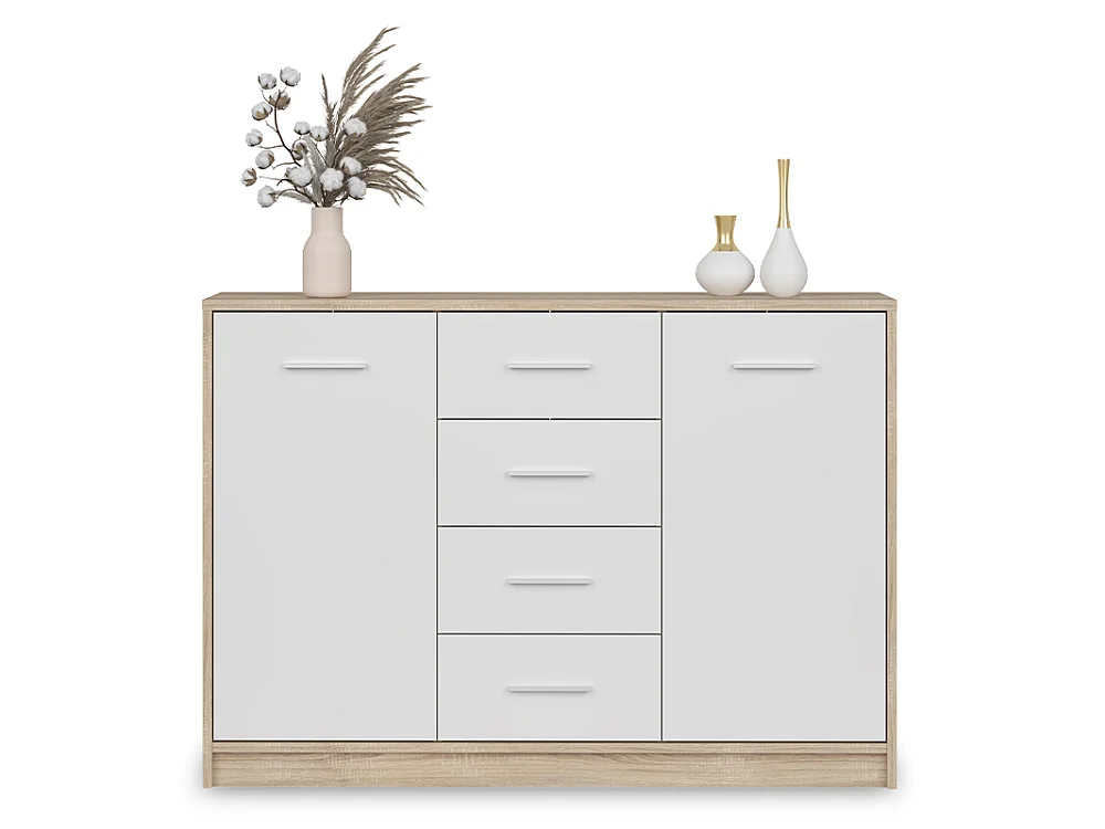 Commode Nubo 119x84x34cm - 2 portes 4 tiroirs - pour salon et chambre - chêne sonoma/blanc