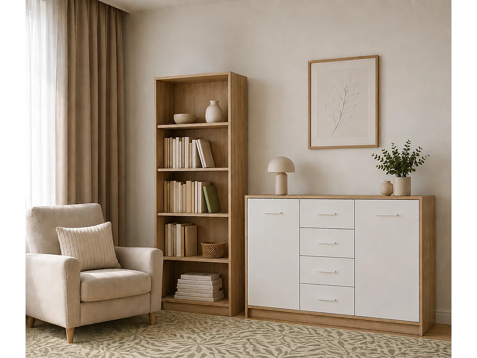 Commode Nubo 119x84x34cm - 2 portes 4 tiroirs - pour salon et chambre - chêne sonoma/blanc