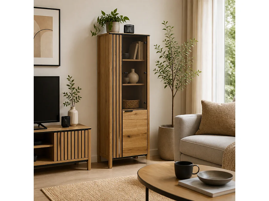 Vitrine cannelée Helix 62x200x40,5cm - 2 portes vitrées - salon - chêne evoke