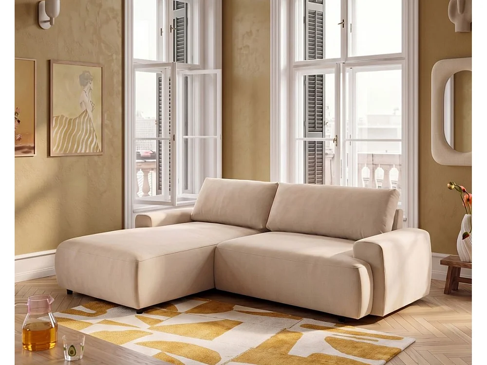 Canapé d'angle gauche 3 places avec coffre en tissu beige GATO