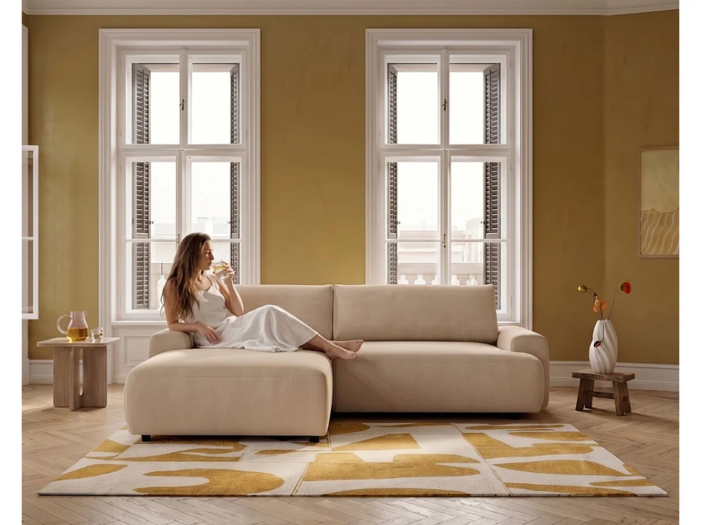 Canapé d'angle gauche 3 places avec coffre en tissu beige GATO