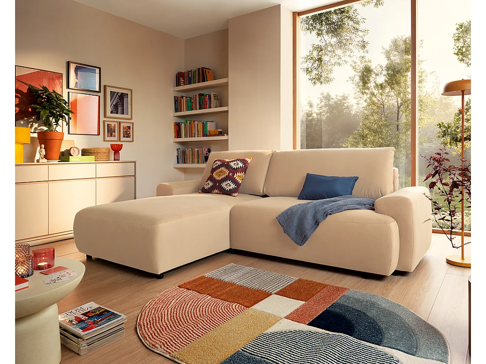Canapé d'angle gauche 3 places avec coffre en tissu beige GATO