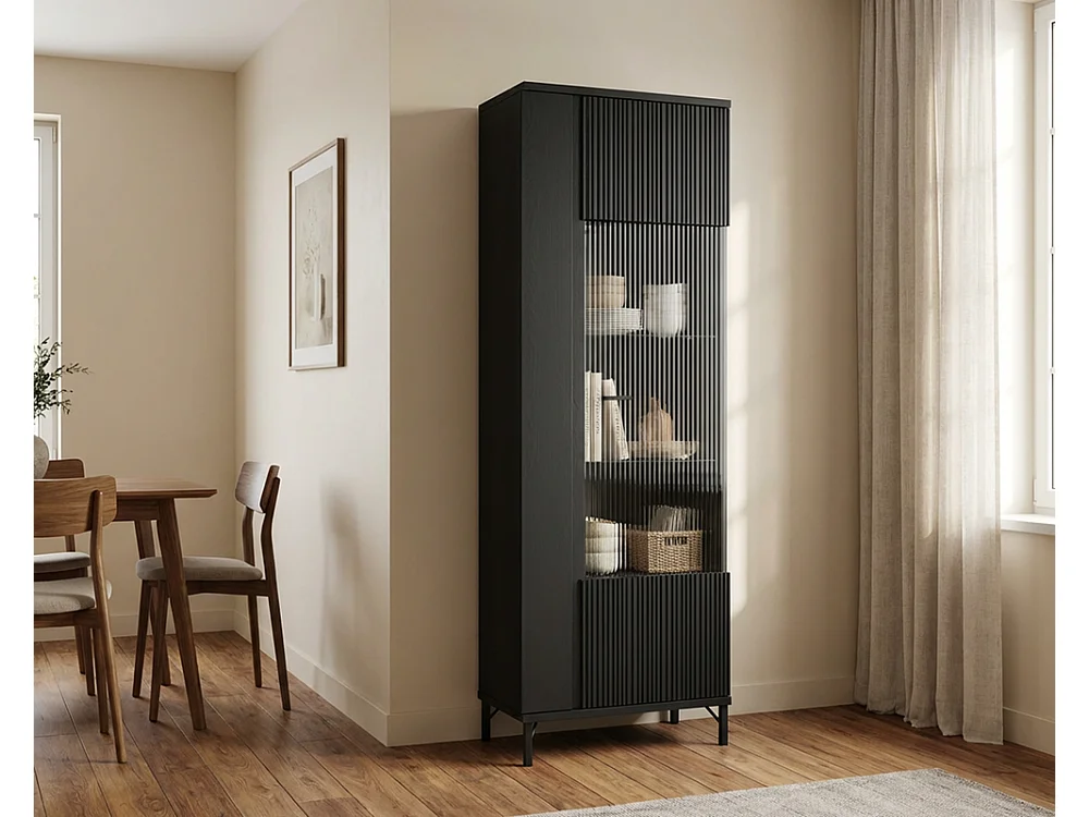 Vitrine Duna 62x194x40 - 1 porte 4 étagères en verre - pour salon - noir graphite