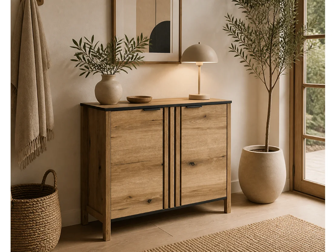 Commode Helix 98x88x40,5cm - 2 portes 4 étagères - pour salon chambre - chêne evoke