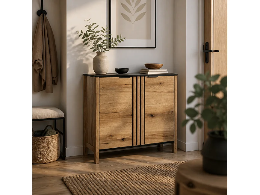 Commode Helix 98x88x40,5cm - 2 portes 4 étagères - pour salon chambre - chêne evoke