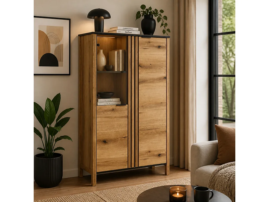 Vitrine Helix 99x155x40,5cm - 3 portes vitrées - salon salle à manger - chêne evoke