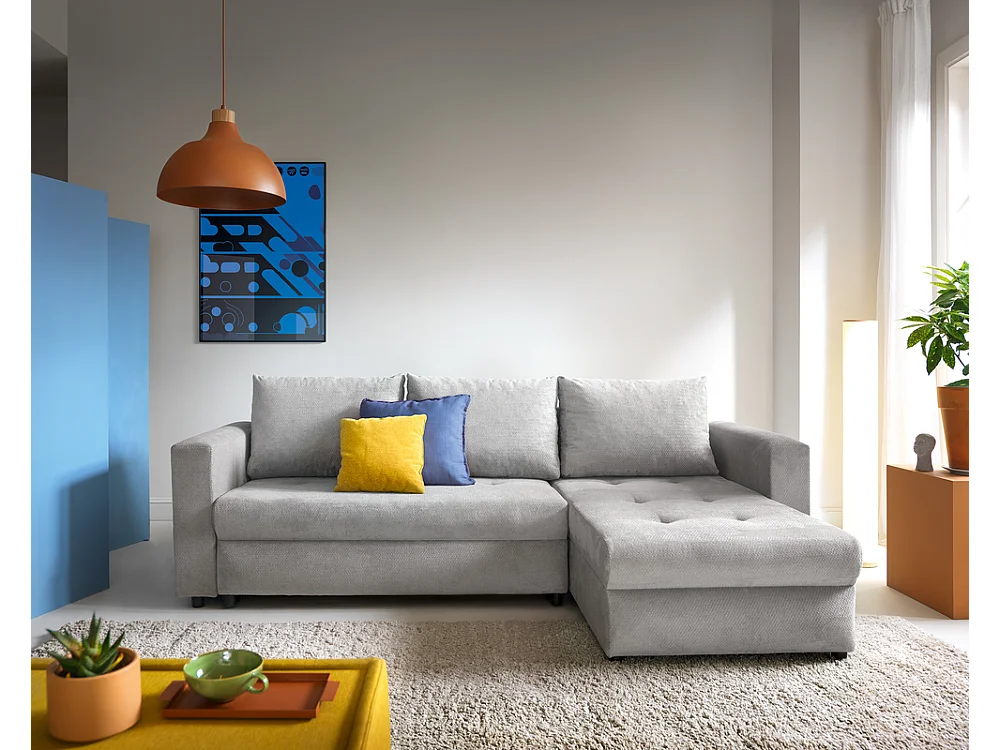 Canapé d'angle 3 places avec coffre en tissu gris 240x70x150 cm