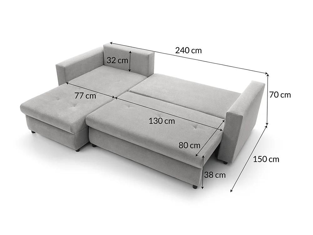 Canapé d'angle 3 places avec coffre en tissu gris 240x70x150 cm